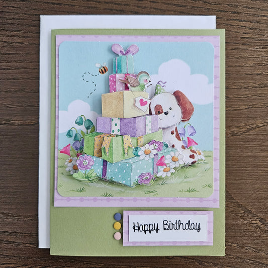 Handmade Birthday Card, 3D Puppy Decoupage Greeting Card, Pastel Dog Birthday Card for Kids, Personalized Cute Card with Gifts