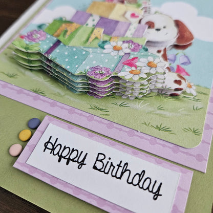 Handmade Birthday Card, 3D Puppy Decoupage Greeting Card, Pastel Dog Birthday Card for Kids, Personalized Cute Card with Gifts