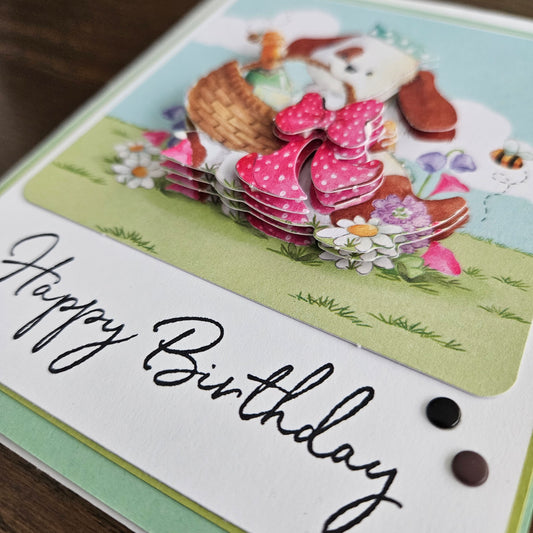 Handmade Birthday Card For Kids, Pastel 3D Decoupage Greeting Card, Puppy with Gift Basket