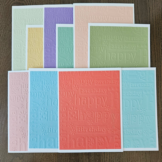 Embossed Birthday Note Cards, Handmade Birthday Stationery Set of 10 in Soft Pastel Colors