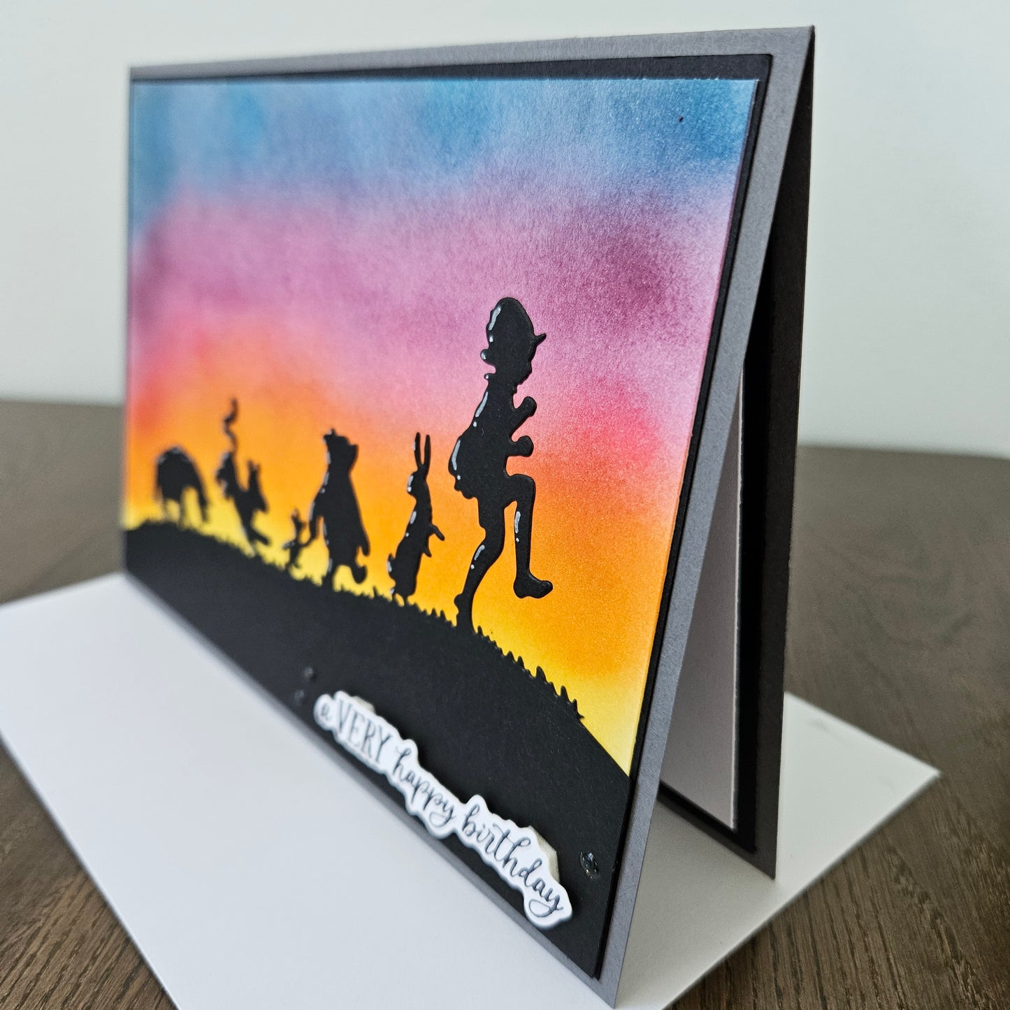 Handmade Winnie the Pooh Birthday Card, 5x7 Sunset Silhouette Design, Tigger Piglet Eeyore & Friends, Celebration Card for Fans & Kids at Heart