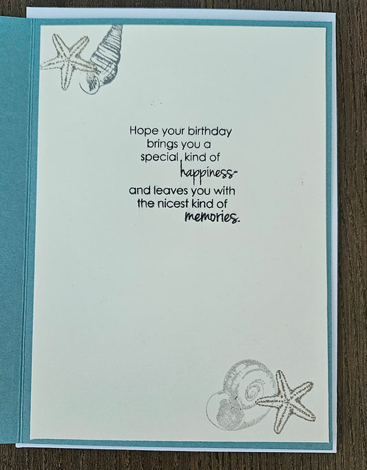 Handmade Beach Birthday Card for Dad or Grandpa, Ocean Scene, Hand-Colored Father & Son Card, Nautical Embossed Shell Design