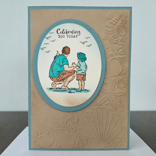 Handmade Beach Birthday Card for Dad or Grandpa, 5x7 Ocean Scene, Hand-Colored Father & Son Card, Nautical Embossed Shell Design