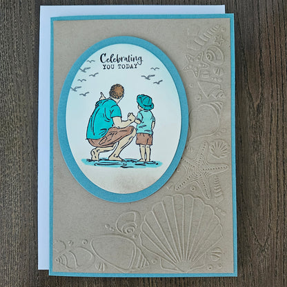 Handmade Beach Birthday Card for Dad or Grandpa, 5x7 Ocean Scene, Hand-Colored Father & Son Card, Nautical Embossed Shell Design