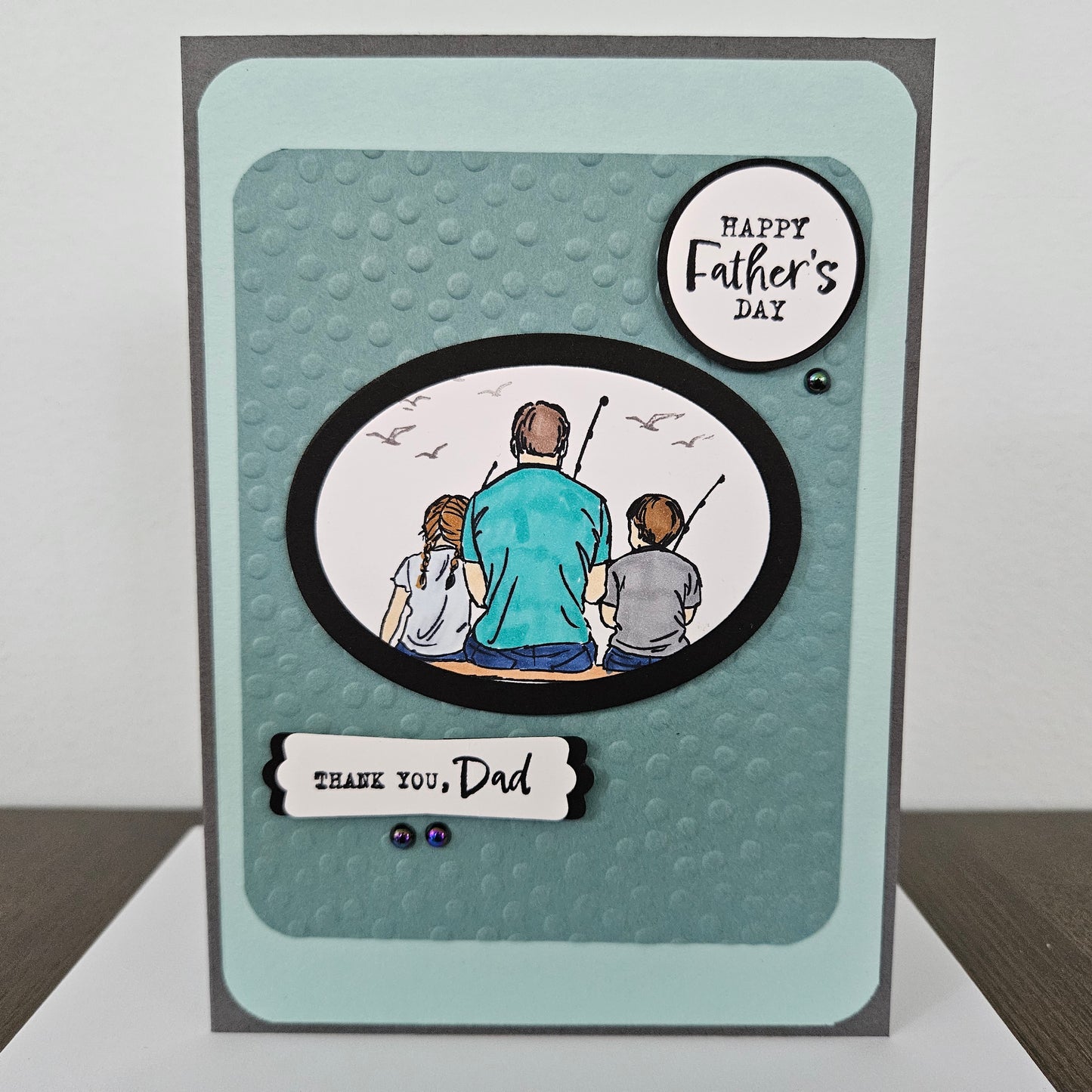 Father's Day Card for Dad, Handmade Fishing Dad and Kids Hand-Colored, Thank You Dad Keepsake