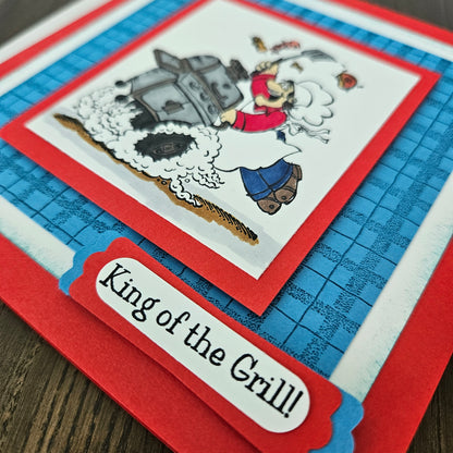 Father's Day Card for Dad, Handmade King of the Grill BBQ Hand-Colored, Keepsake, Blank Inside