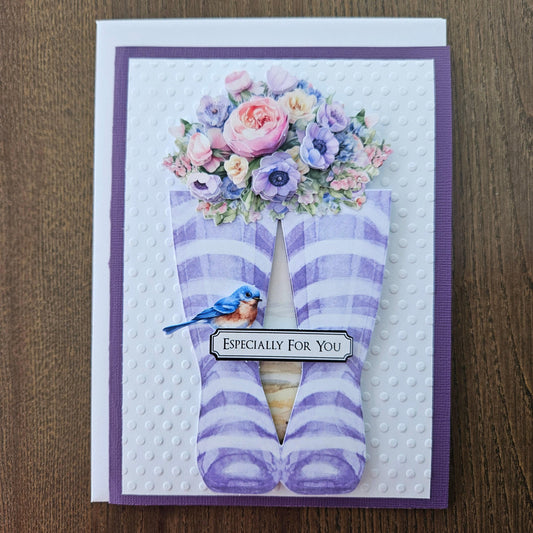 Handmade Thinking Of You Card - Purple Boots & Pastel Flowers - 3D Decoupage Design - Just Because Greeting Card, Personalized Gift