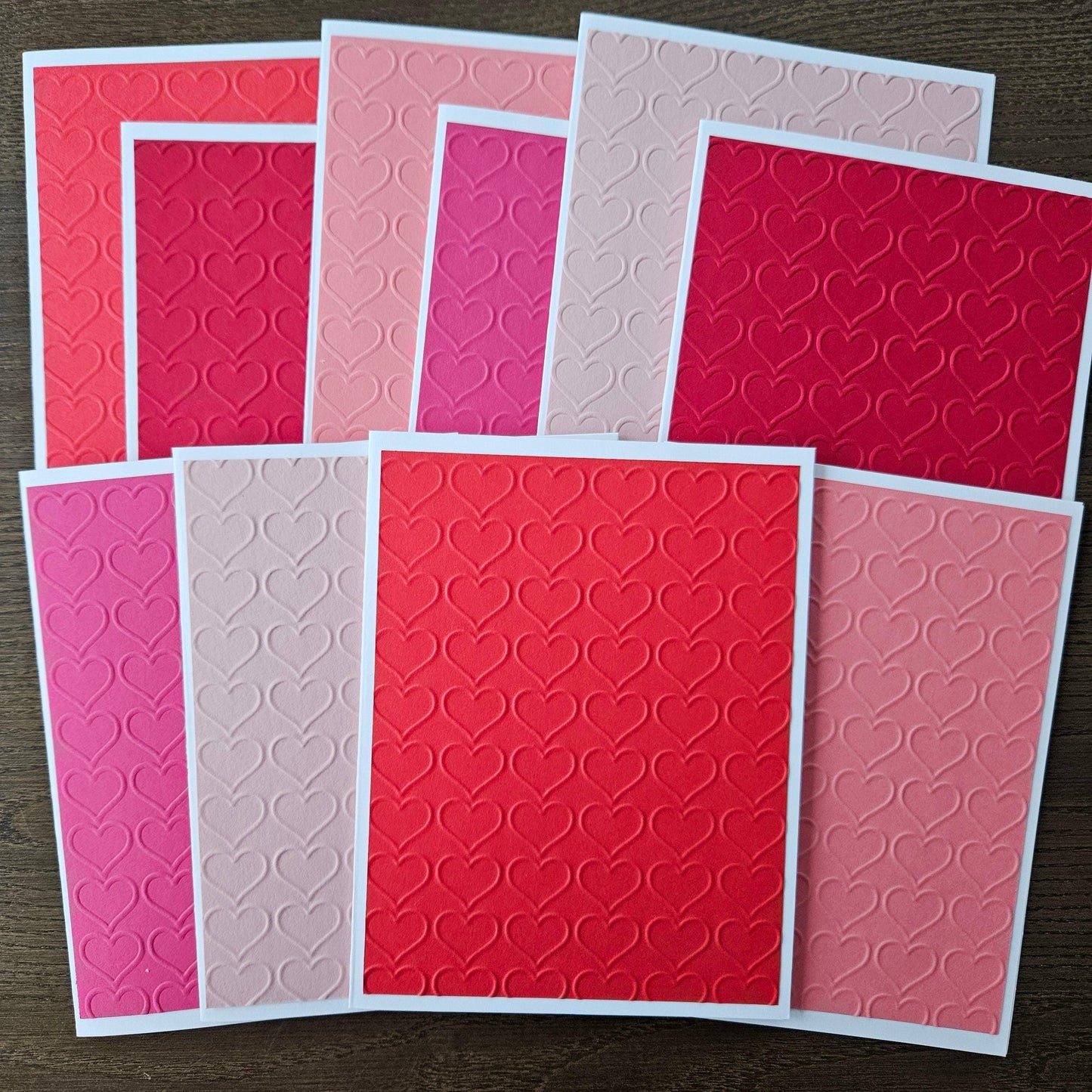 Handmade Note Cards – Embossed Red Hearts - Valentine's Day, Anniversary, Love Note, Thank You - Set of 10