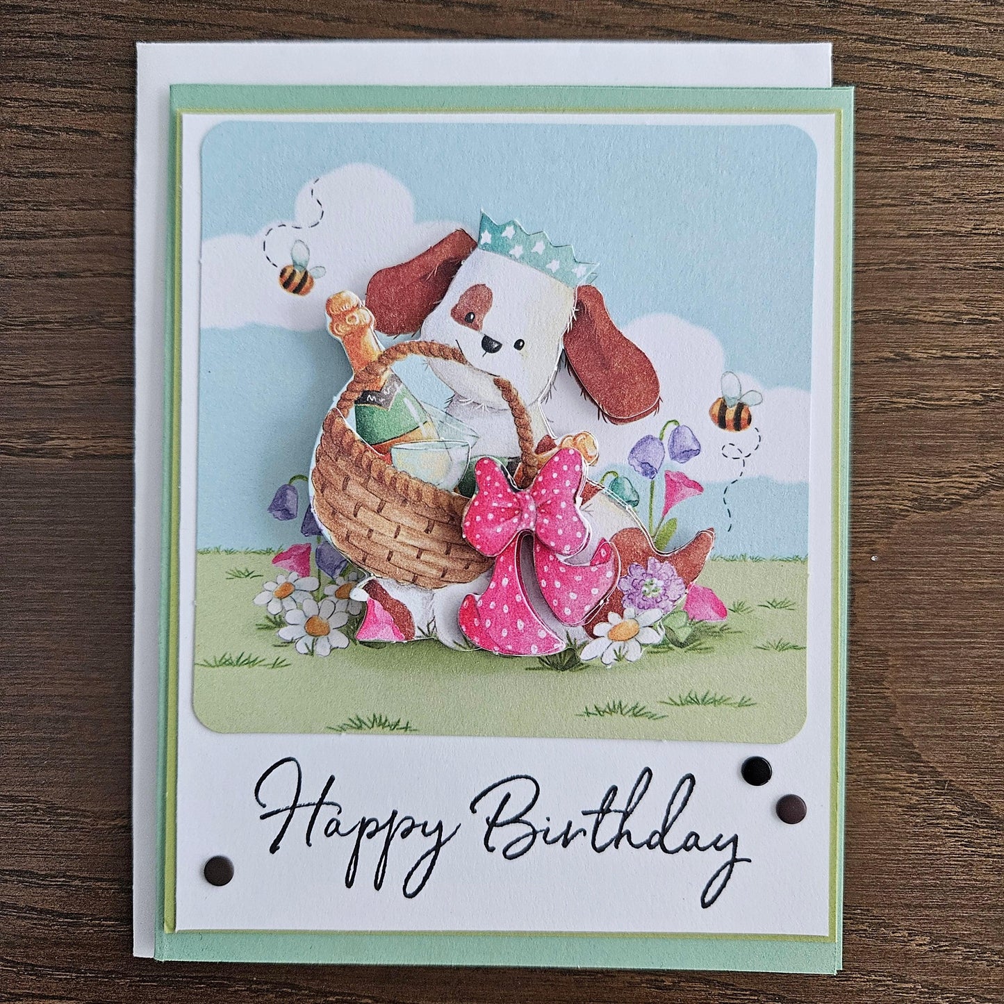 Handmade Birthday Card – Puppy with Gift Basket – Playful Pastel 3D Decoupage Design – Kids Birthday Greeting Card, Personalized Gift