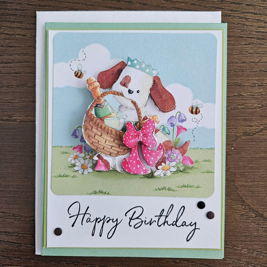 Handmade Birthday Card – Puppy with Gift Basket – Playful Pastel 3D Decoupage Design – Kids Birthday Greeting Card, Personalized Gift