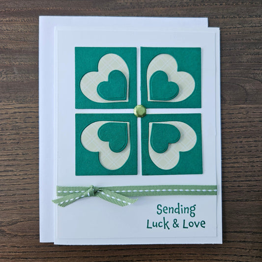 Handmade St. Patrick’s Day Card - Sending Luck & Love - Die Cut Green Four Leaf Clover Design - Personalized Greeting Card, Irish Gift