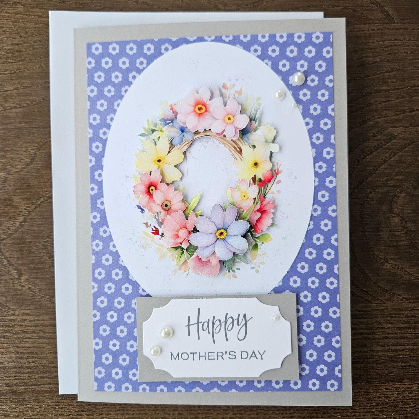 Handmade Mother’s Day Card - Floral Wreath Elegance - 3D Decoupage Design - Personalized Greeting Card Gift For Mom, Step Mom, Bonus Mom