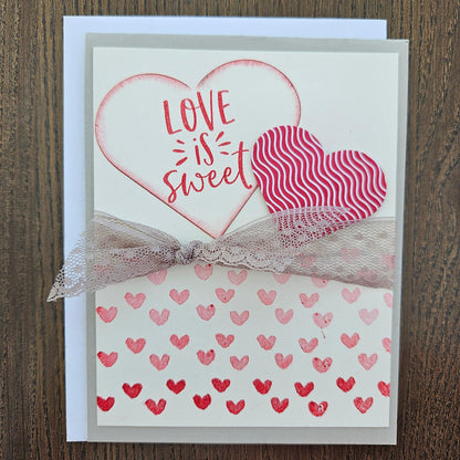 Handmade Valentine's Day Card, Romantic Greeting Card for Her, Anniversary, Just Because, Pink Hearts Design, "Love is Sweet"