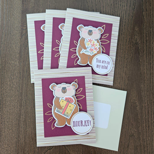 Handmade Thinking of You Card Bundle – Die-Cut Bear Design set of 3 + FREE Bonus Card, Pet Lovers Greeting Card Gift