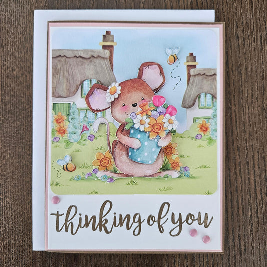 Handmade Thinking of You Card - Cute Mouse & Flowers - Pastel 3D Decoupage Design - Personalized Greeting Card Gift for Pet Lovers