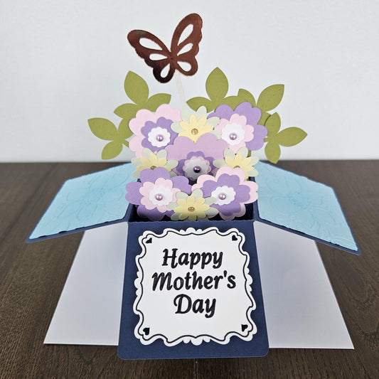 Handmade Mother’s Day Card - 3D Pop-Up Floral Box Card - Blossoming Surprise with Butterfly - Greeting Card Gift for Mom