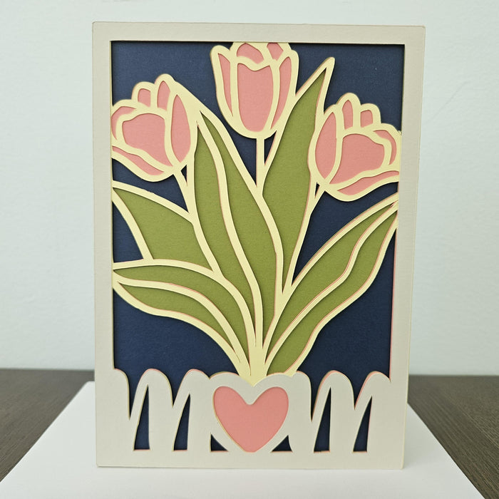 Handmade Floral Card for Mom, Pink Tulip Multi Layer Greeting, Blank Inside