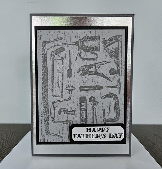 Handmade Father’s Day Card – Handyman Tools - Stamped, Masculine Design - Metallic Silver Custom Greeting Card - Personalized Gift For Him