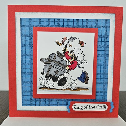Handmade Card for Him - King of the Grill, Fun BBQ Chef - Hand Colored - Father's Day, Birthday, Personalized Greeting Card, Gift for Him