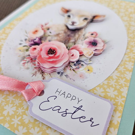 Handmade Easter Card, Handmade Easter Card, 3D Decoupage, Personalized Greeting Card, Yellow Pastel Little Lamb & Blooms
