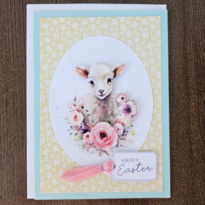 Handmade Easter Card, Handmade Easter Card, 3D Decoupage, Personalized Greeting Card, Yellow Pastel Little Lamb & Blooms