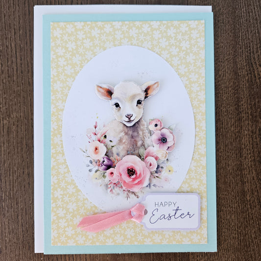 Handmade Easter Card, Handmade Easter Card, 3D Decoupage, Personalized Greeting Card, Yellow Pastel Little Lamb & Blooms