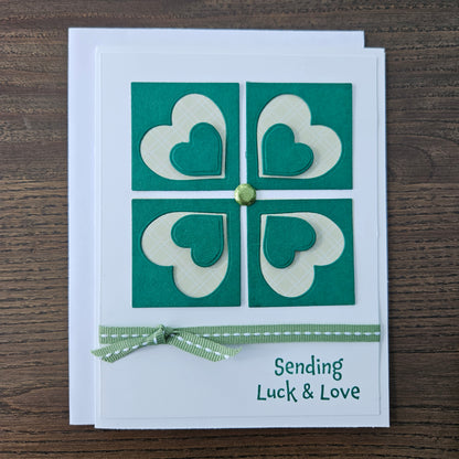 Handmade St. Patrick’s Day Card - Sending Luck & Love, Green Four Leaf Clover