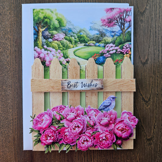 Handmade Thinking Of You Card, Colorful 3D Decoupage Card, Personalized Best Wishes Greeting Card, Wooden Fence & Pink Blossoms