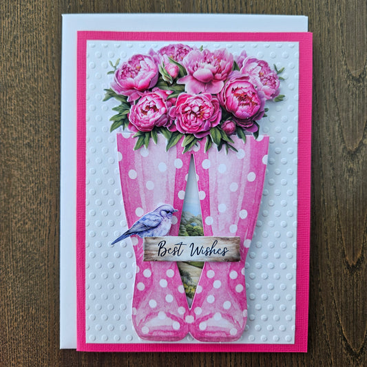Handmade Best Wishes Card – Pink Boots & Peonies, Decoupage Design
