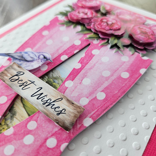 Handmade Best Wishes Card – Pink Boots & Peonies, Decoupage Design