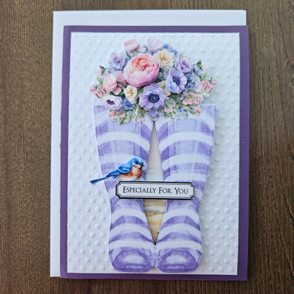 Handmade Just Because Card – Purple Boots & Pastel Flowers, Decoupage Design