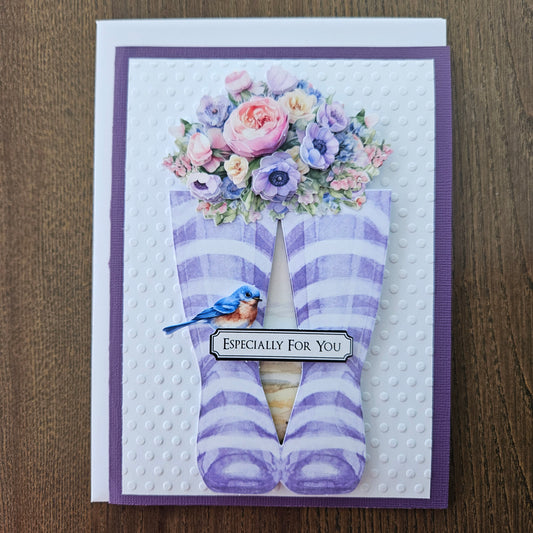 Handmade Just Because Card – Purple Boots & Pastel Flowers, Decoupage Design