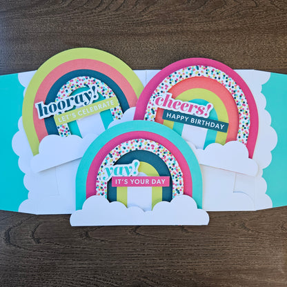 Handmade Birthday Cards, Colorful Stamped,  Die-Cut Rainbow Greeting Cards, Assorted Layered 3 Card Set, Rainbow Celebration