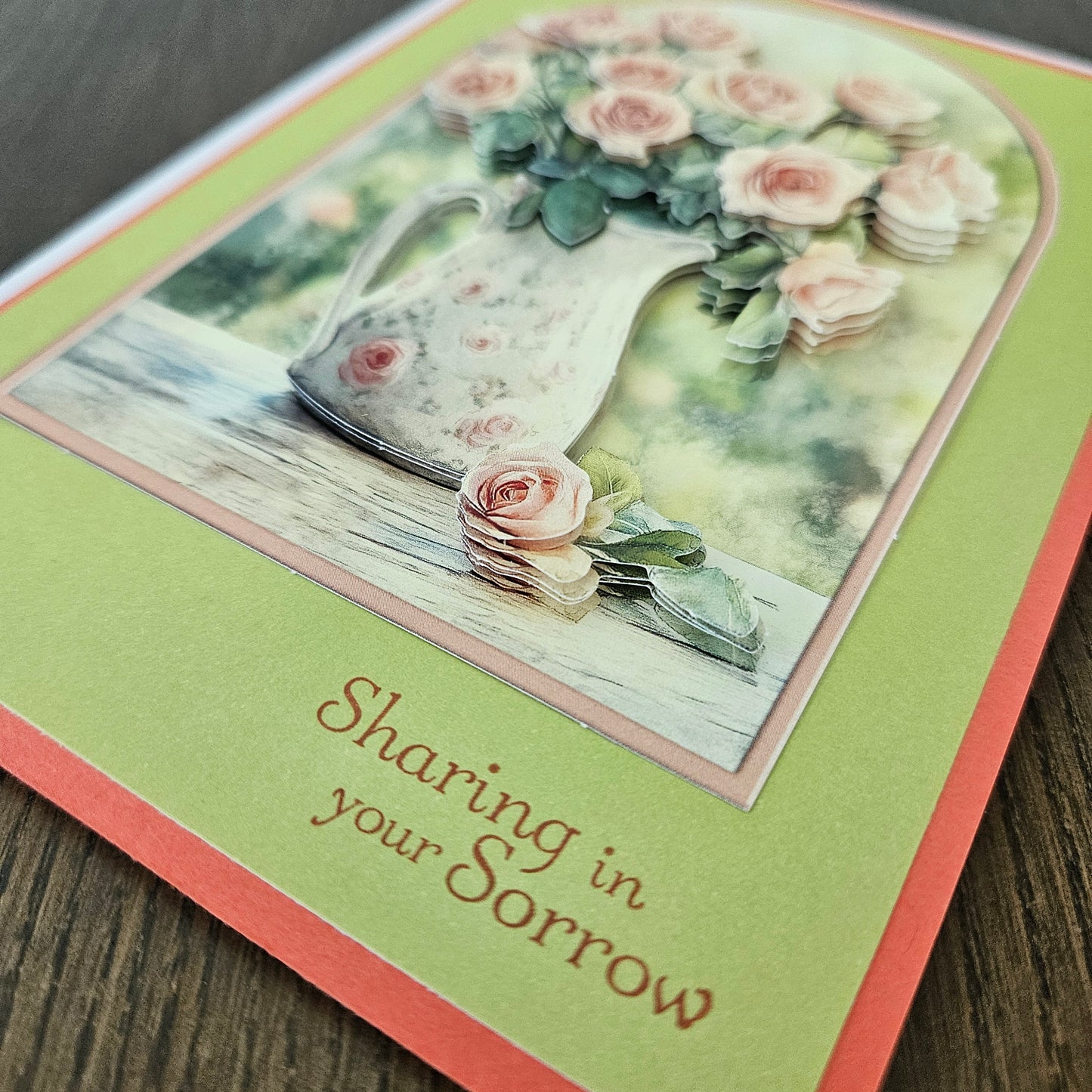 Handmade Sympathy Card, 3D Decoupage Pink Rose Pitcher Design, Sincere Condolence Card, Floral Greeting Card, Grief Card for Wake