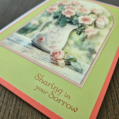 Handmade Sympathy Card, 3D Decoupage Pink Rose Pitcher Design, Sincere Condolence Card, Floral Greeting Card, Grief Card for Wake