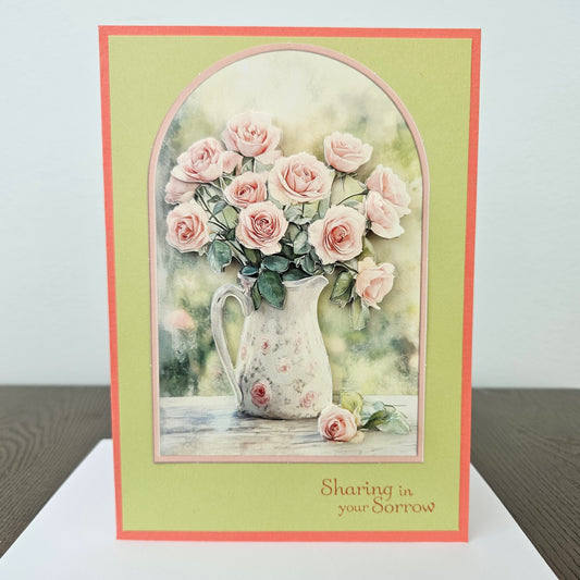 Handmade Sympathy Card, 3D Decoupage Pink Rose Pitcher Design, Sincere Condolence Card, Floral Greeting Card, Grief Card for Wake