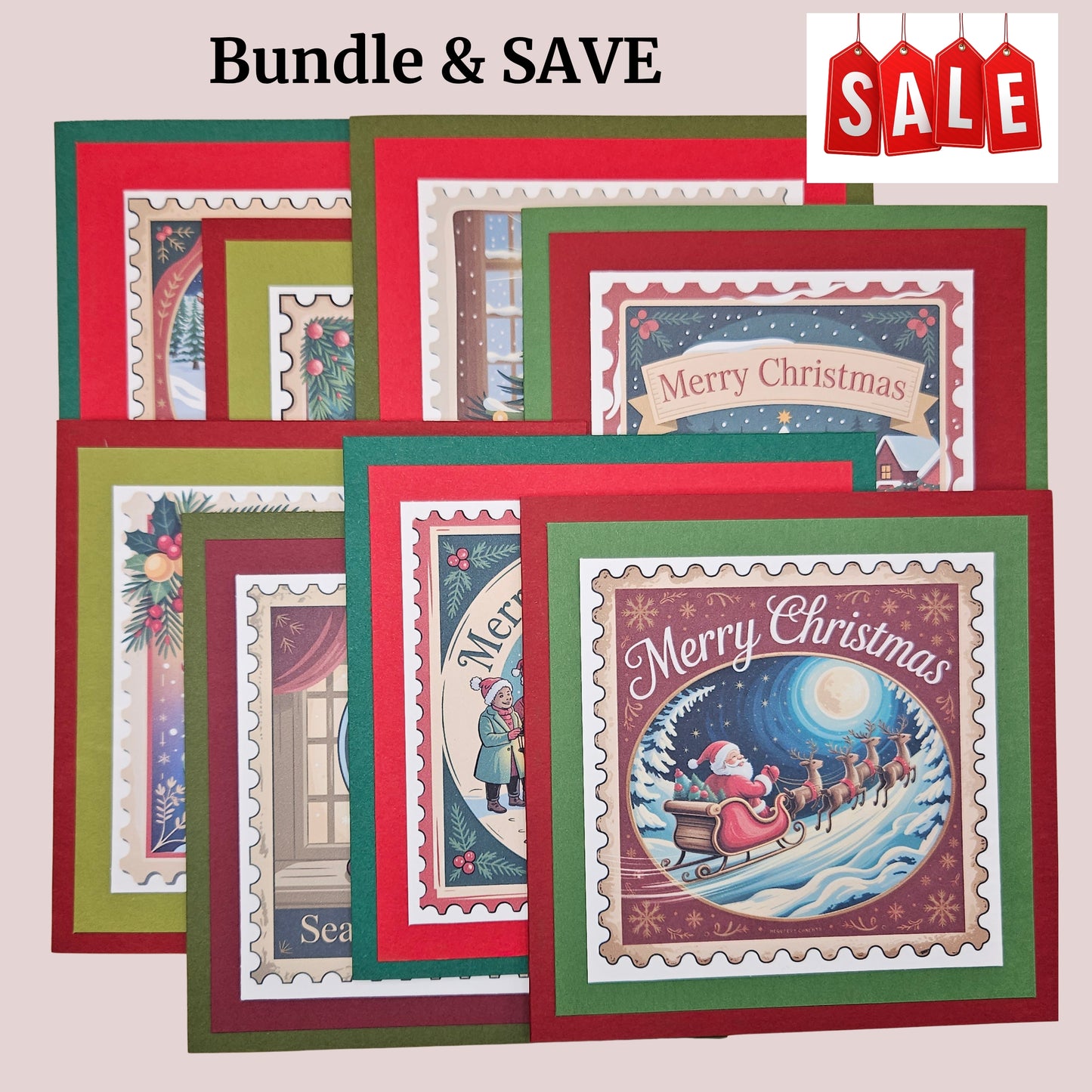 Handmade Christmas Card Bundle, Vintage Stamp Holiday Greeting Cards set of 8, Nostalgic Tiddly Pom Cards