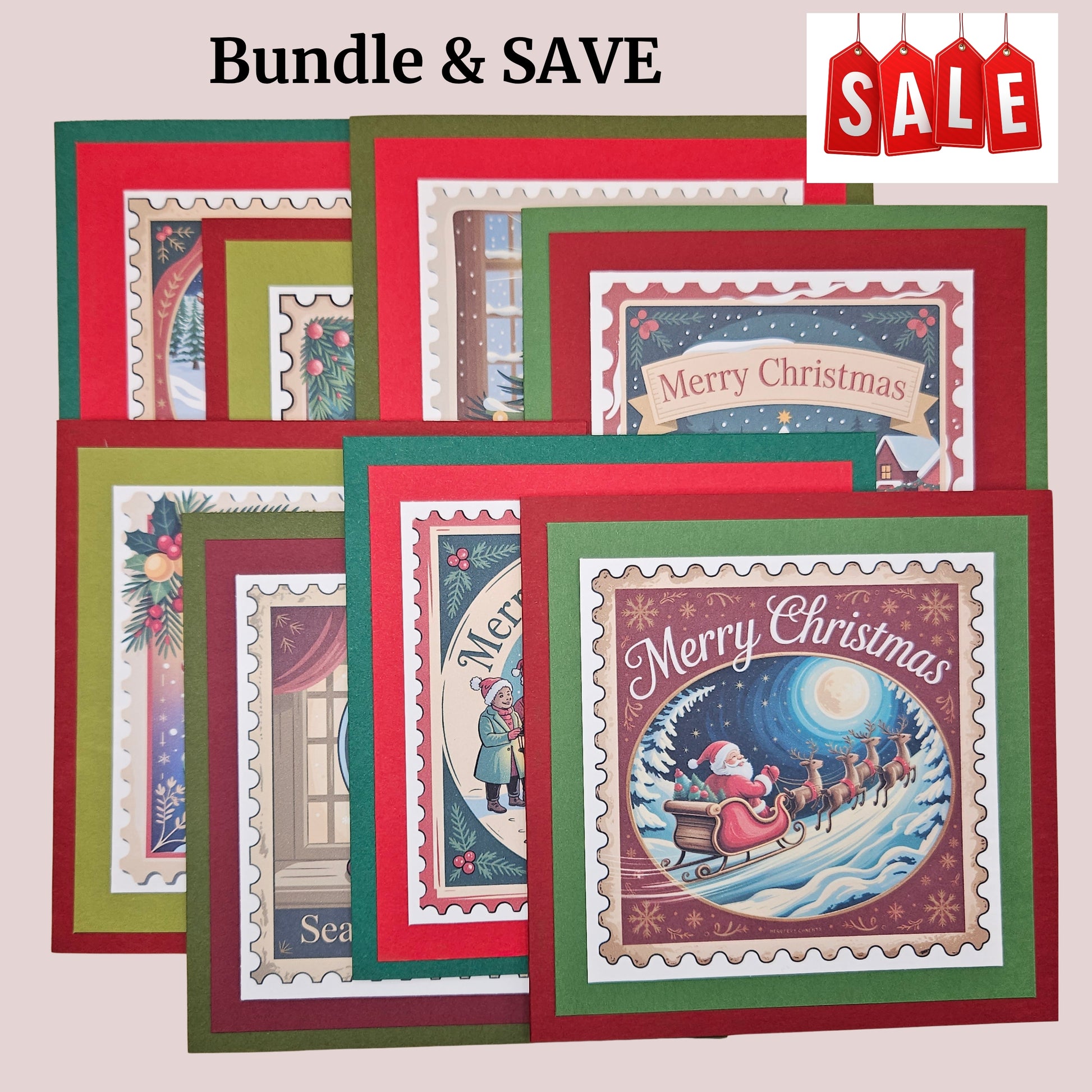 Handmade Christmas Card Bundle, Vintage Stamp Holiday Greeting Cards set of 8, Nostalgic Tiddly Pom Cards