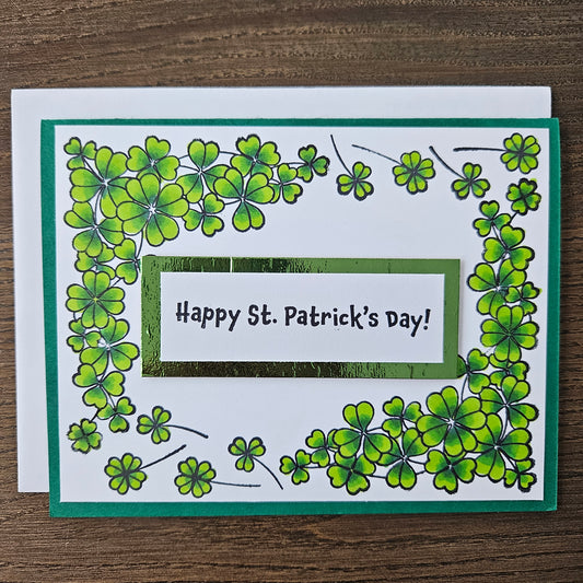 Handmade St. Patrick’s Day Card - Lucky Shamrock Joy, Hand Colored Tiddly Pom Inspired