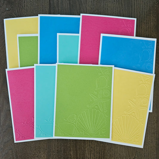 Handmade Note Cards, A2 Embossed Note Card Set, Summer Beach Shell Design, Bright Blank Cards for Writing, Handmade Stationery Bundle of 10, Tropical Colors