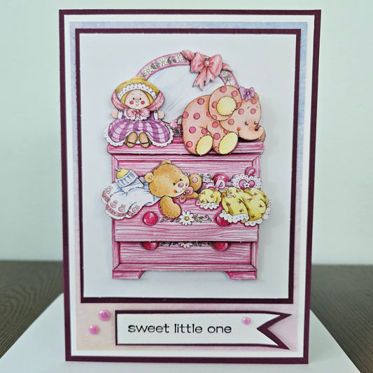 Handmade Baby Girl Congratulations Card, 5x7 Newborn Greeting Card, 3D Decoupage Nursery Dresser With Toys