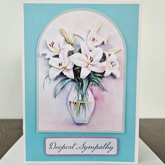 Handmade Sympathy Card, 3D Decoupage Lilies, Elegant Condolence Card for Loss, Soft Blue Floral Design