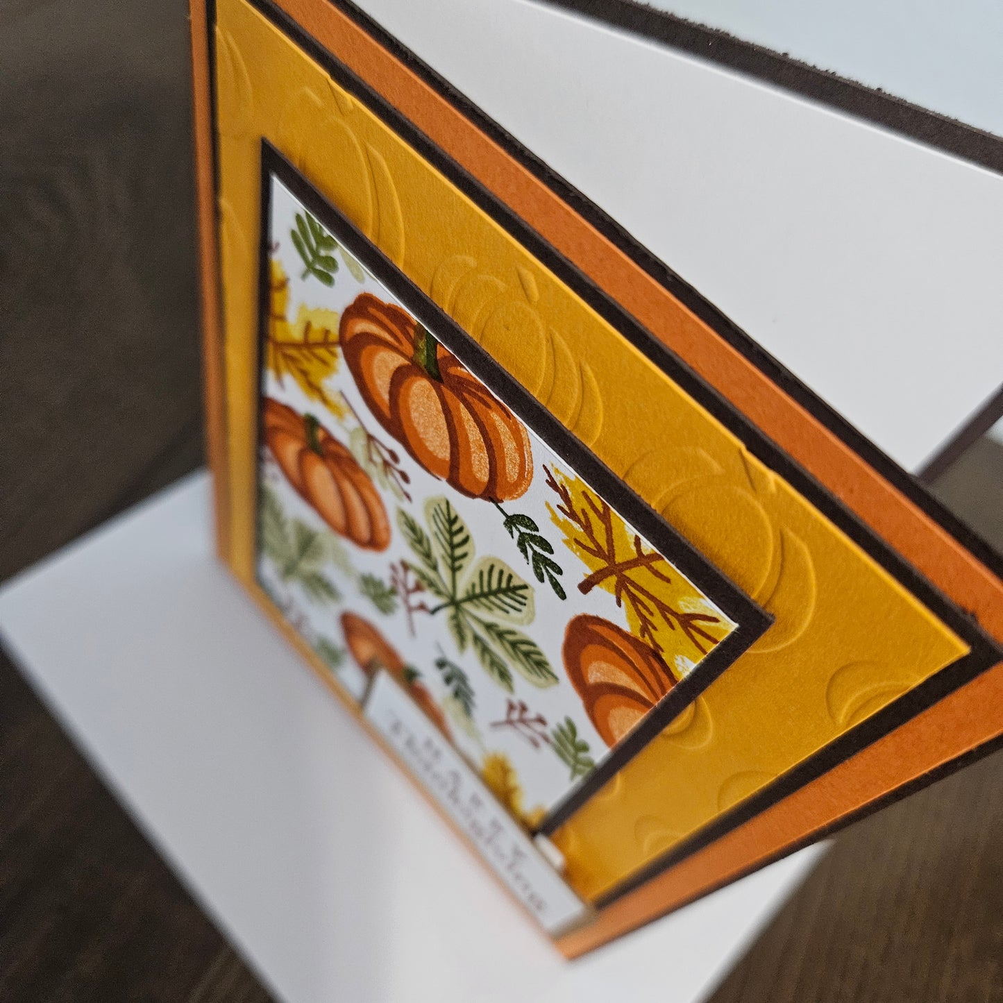 Handmade Thanksgiving Card, Friendship Greeting Card with Embossed Pumpkins, Autumn Leaves & Orange Layered Design
