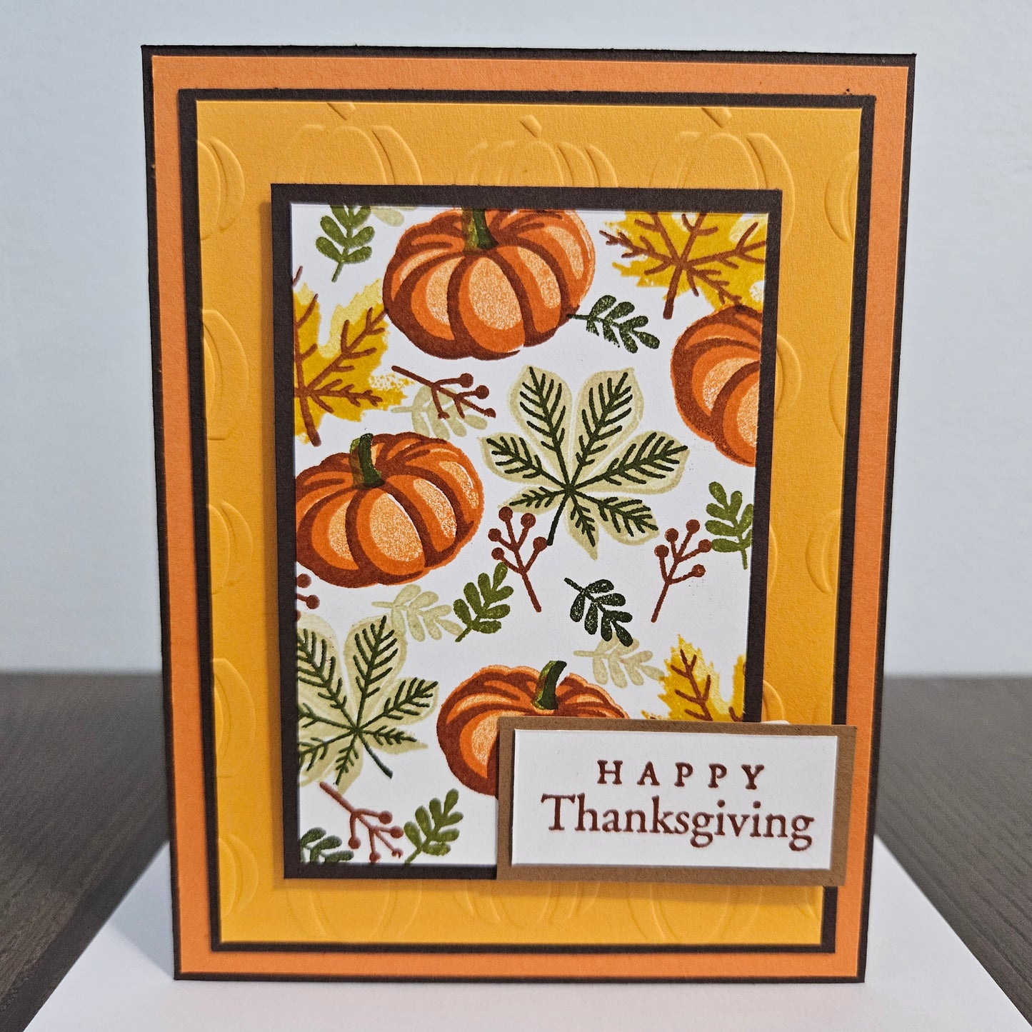 Handmade Thanksgiving Card, Friendship Greeting Card with Embossed Pumpkins, Autumn Leaves & Orange Layered Design