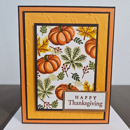Handmade Thanksgiving Card, Friendship Greeting Card with Embossed Pumpkins, Autumn Leaves & Orange Layered Design