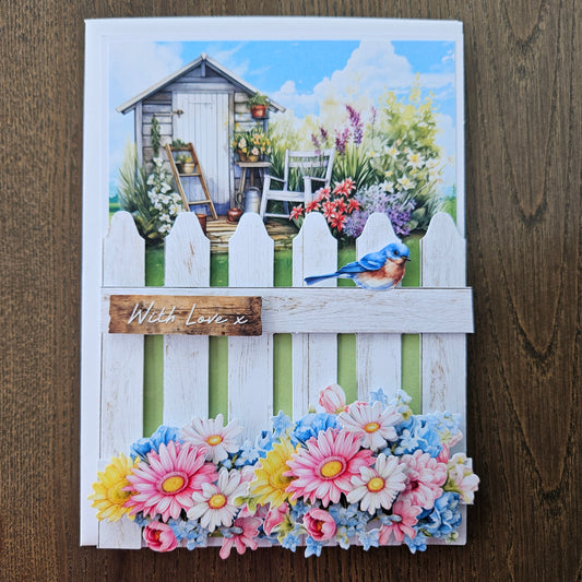 Handmade Just Because Card, 3D Decoupage Design, Personalized Thinking Of You Greeting Card, Garden Fence & Bluebird