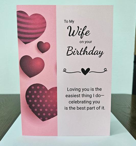 Birthday Card for Wife, Romantic Greeting Card, Heartfelt Message for Her, Pink Hearts