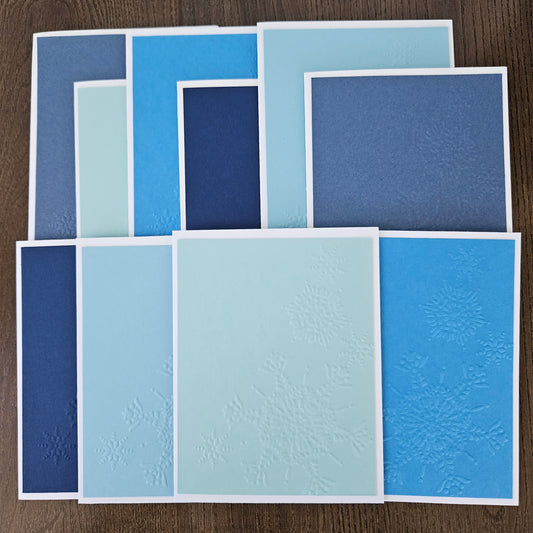 Embossed Holiday Note Cards, Handmade Winter Snowflake Stationery Set of 10 in Icy Blue Colors