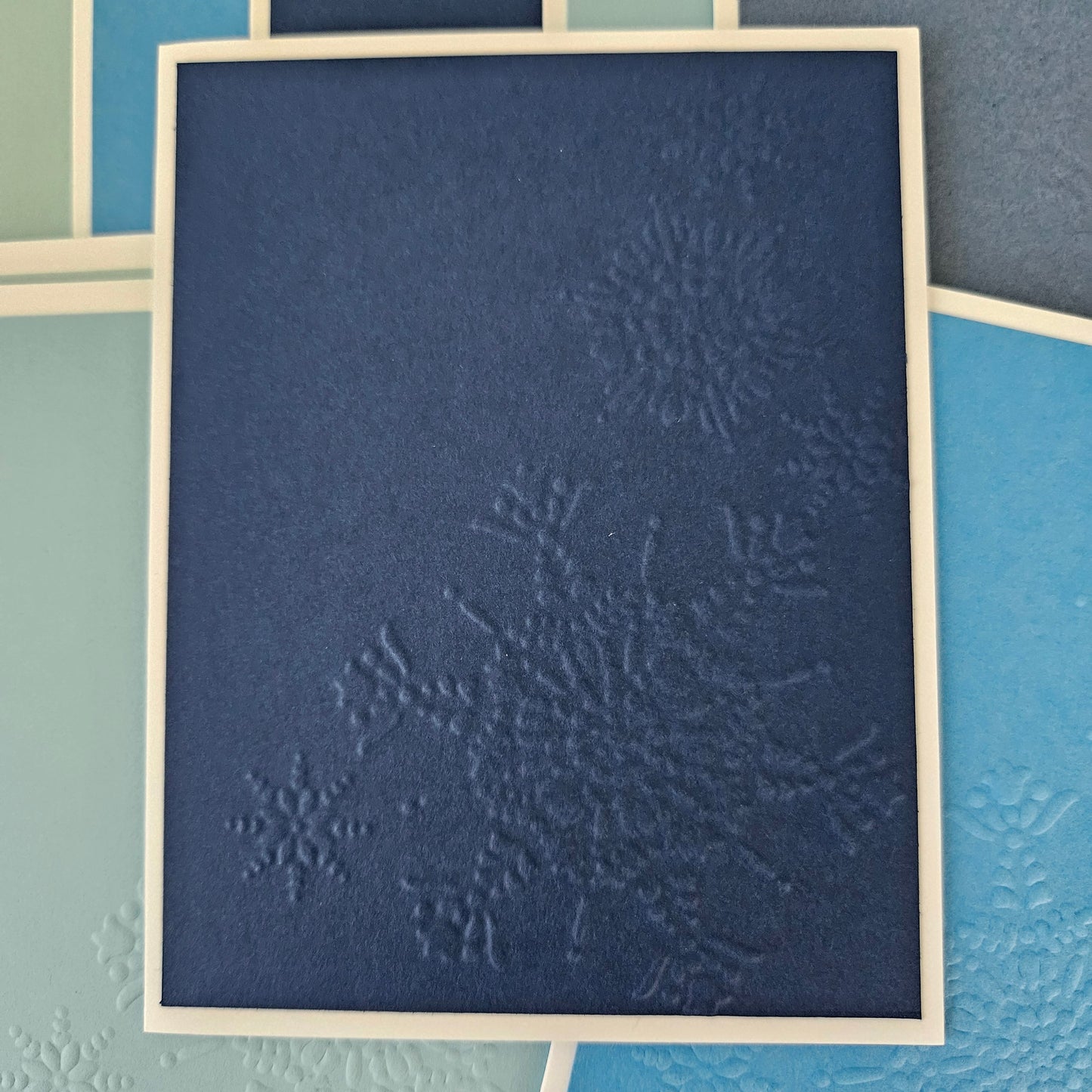 Embossed Holiday Note Cards, Handmade Winter Snowflake Stationery Set of 10 in Icy Blue Colors