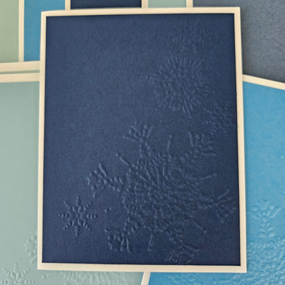 Embossed Holiday Note Cards, Handmade Winter Snowflake Stationery Set of 10 in Icy Blue Colors